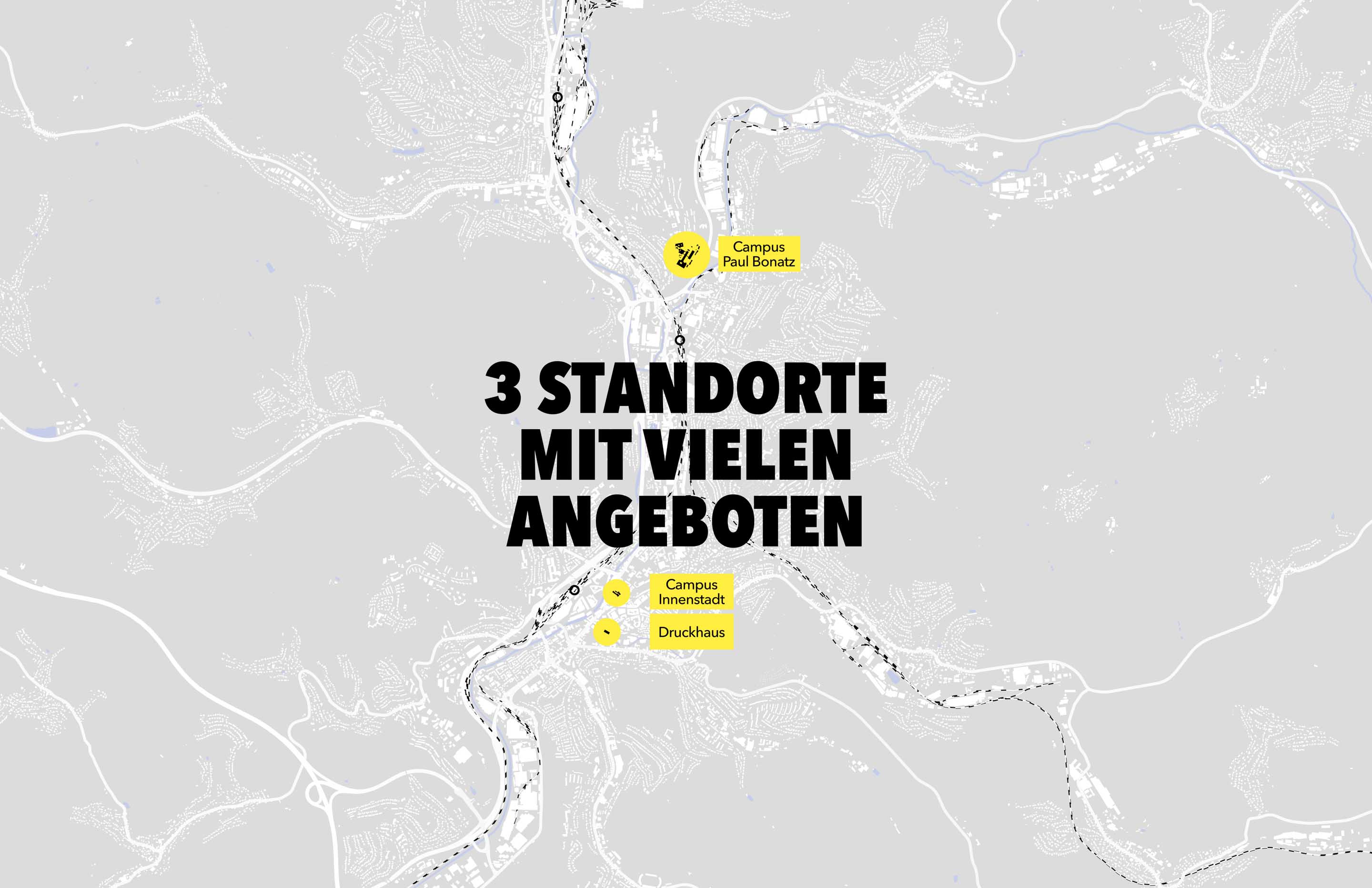 Das Department Architektur verfügt erstreckt sich über drei Standorte innerhalb Siegens. Diese sind der Campus Paul-Bonatz-Straße oberhalb von Siegen-Weidenau und der Campus Innenstadt in direkter Nähe zum historischem Stadtzentrum und zum Bahnhof. Der dritte Standort ist das ehemalige Druckhaus der Siegener Zeitung, welches unser Department in den kommenden Jahren als zentraler Standort unserer Lehre umbauen wird. Bis dahin nutzen wir dieses Gebäude für temporäre Veranstaltungen wie zum Beispiel Summer Schools. An diesen Standorten, mit unserer Infrastruktur und unseren Kursen können wir ein vielfältiges Lehrangebot umsetzen, welches auf verschiedene Formate setzt. Gängige Formate sind beispielsweise: